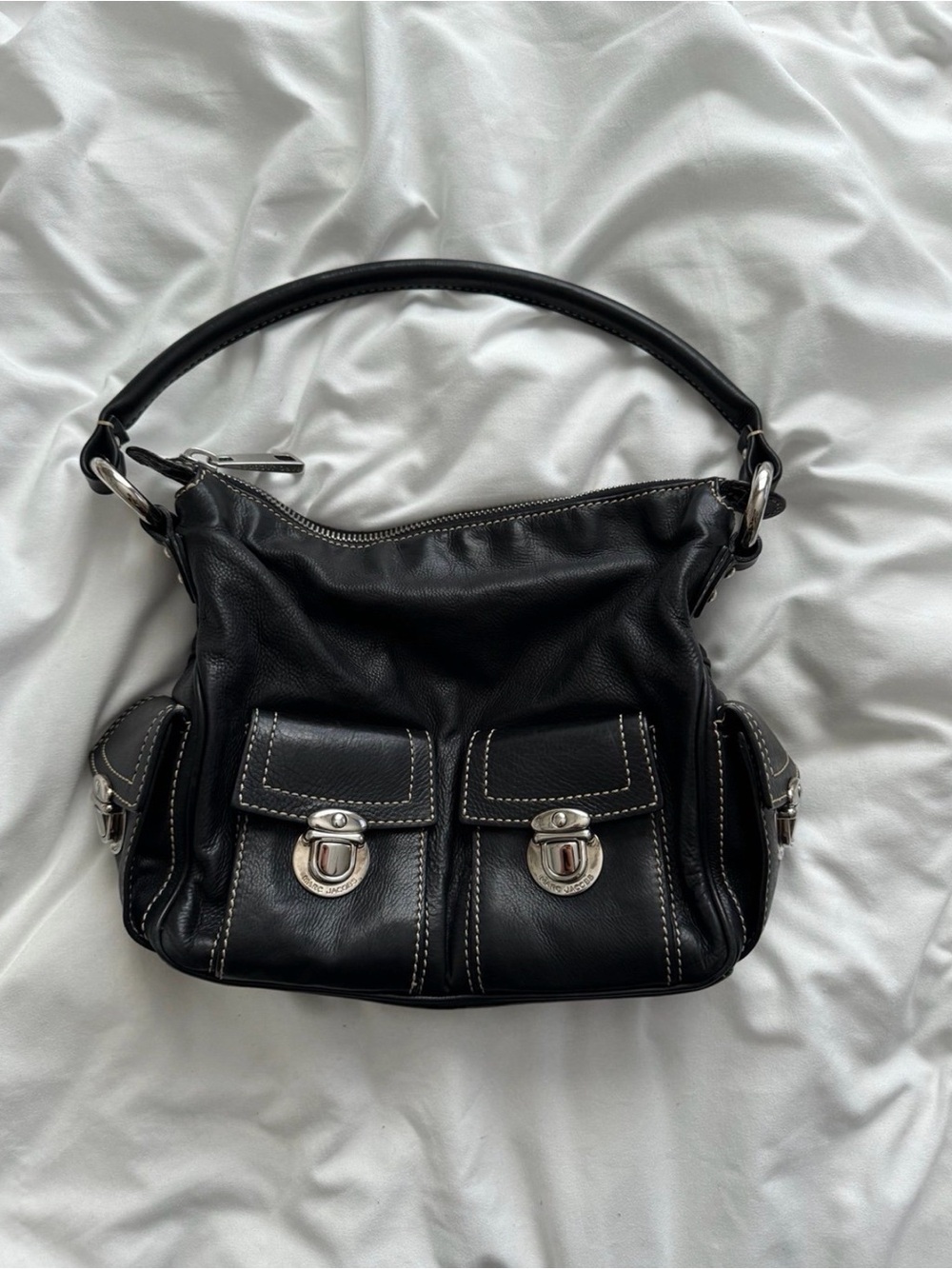 Marc Jacobs Black Leather Shoulder Bag with Silver Hardware
